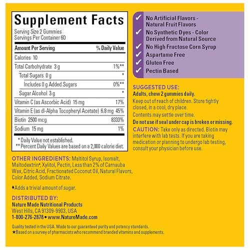 Nature Made Zero Sugar Haar Haut Nägel Gummibärchen, Biotin 2500 mcg pro Portion, 120 zuckerfreie Gummibärchen, 60-Tage-Vorrat