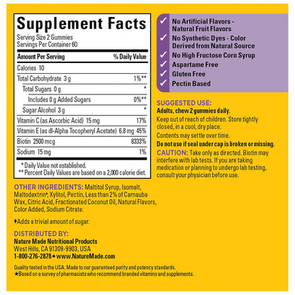 Nature Made Zero Sugar Haar Haut Nägel Gummibärchen, Biotin 2500 mcg pro Portion, 120 zuckerfreie Gummibärchen, 60-Tage-Vorrat