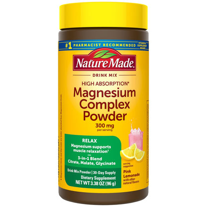 Nature Made Hochdosiertes Magnesium-Trinkmischpulver mit Zitrat, Glycinat & Malat, 3-in-1-Komplex, Pink Lemonade Geschmack, 96 g, 30-Tage-Vorrat