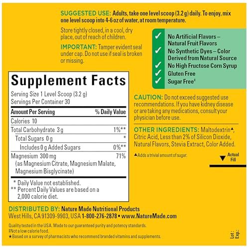Nature Made Hochdosiertes Magnesium-Trinkmischpulver mit Zitrat, Glycinat & Malat, 3-in-1-Komplex, Pink Lemonade Geschmack, 96 g, 30-Tage-Vorrat