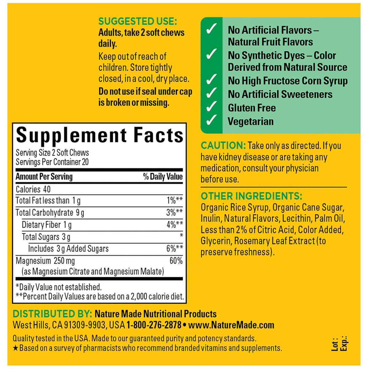Nature Made Hochdosiertes Magnesium Komplex Soft Chews – Magnesiumcitrat & Malat Mischung 250 mg pro Portion für Muskel-, Herz- und Knochenunterstützung, 40 vegetarische Kautabletten, 20-Tage-Vorrat