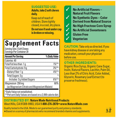 Nature Made Hochdosiertes Magnesium Komplex Soft Chews – Magnesiumcitrat & Malat Mischung 250 mg pro Portion für Muskel-, Herz- und Knochenunterstützung, 40 vegetarische Kautabletten, 20-Tage-Vorrat