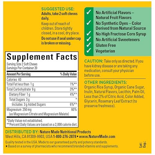 Nature Made Hochdosiertes Magnesium Komplex Soft Chews – Magnesiumcitrat & Malat Mischung 250 mg pro Portion für Muskel-, Herz- und Knochenunterstützung, 40 vegetarische Kautabletten, 20-Tage-Vorrat