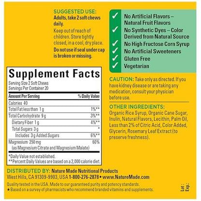 Nature Made Hochdosiertes Magnesium Komplex Soft Chews – Magnesiumcitrat & Malat Mischung 250 mg pro Portion für Muskel-, Herz- und Knochenunterstützung, 40 vegetarische Kautabletten, 20-Tage-Vorrat