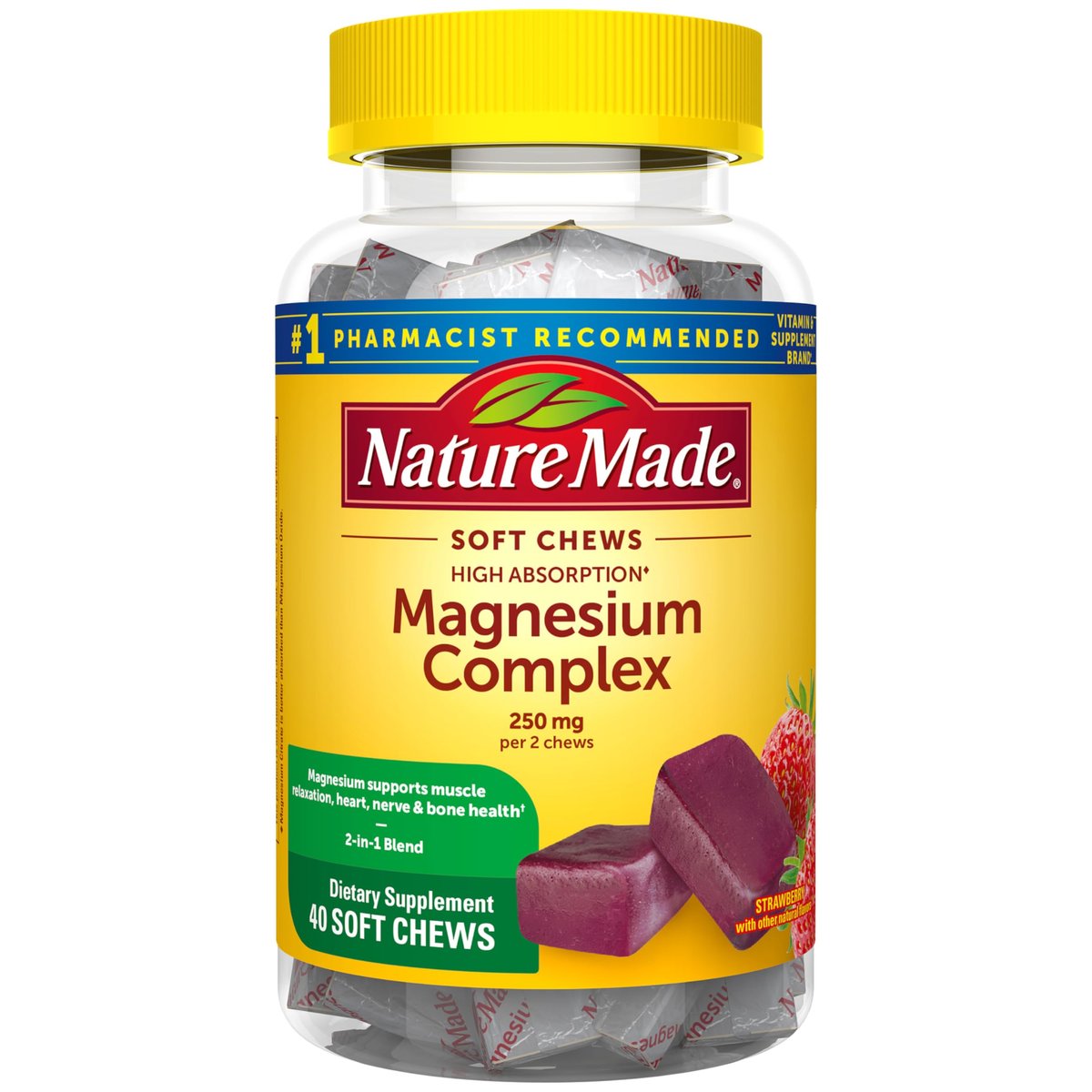 Nature Made Hochdosiertes Magnesium Komplex Soft Chews – Magnesiumcitrat & Malat Mischung 250 mg pro Portion für Muskel-, Herz- und Knochenunterstützung, 40 vegetarische Kautabletten, 20-Tage-Vorrat