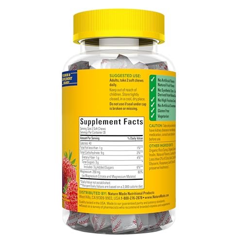 Nature Made Hochdosiertes Magnesium Komplex Soft Chews – Magnesiumcitrat & Malat Mischung 250 mg pro Portion für Muskel-, Herz- und Knochenunterstützung, 40 vegetarische Kautabletten, 20-Tage-Vorrat