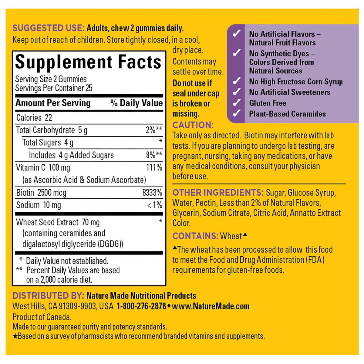 Nature Made Hautfeuchtigkeits-Gummis mit pflanzlichen Ceramiden, Biotin & Vitamin C – 50 Gummis, 25 Tage Vorrat