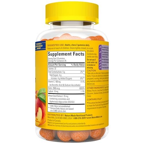 Nature Made Hautfeuchtigkeits-Gummis mit pflanzlichen Ceramiden, Biotin & Vitamin C – 50 Gummis, 25 Tage Vorrat