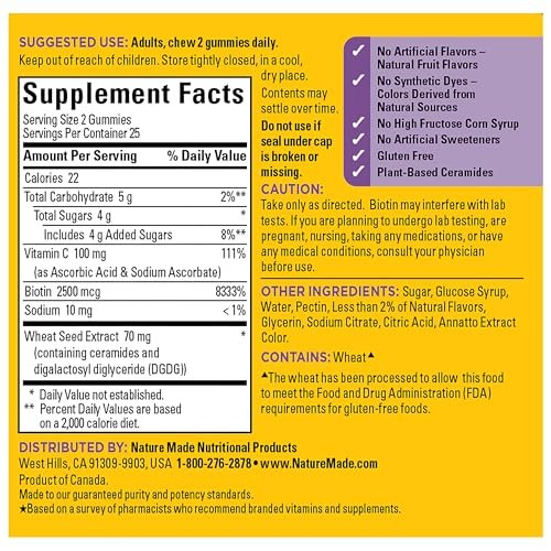Nature Made Hautfeuchtigkeits-Gummis mit pflanzlichen Ceramiden, Biotin & Vitamin C – 50 Gummis, 25 Tage Vorrat
