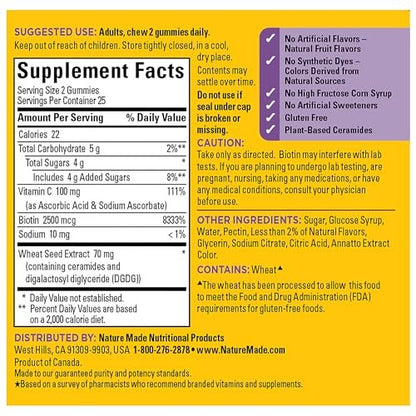 Nature Made Hautfeuchtigkeits-Gummis mit pflanzlichen Ceramiden, Biotin & Vitamin C – 50 Gummis, 25 Tage Vorrat