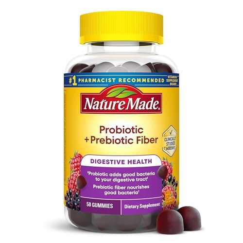 Nature Made Probiotika + Präbiotika Ballaststoff-Gummis für die tägliche Darmgesundheit – Ballaststoffergänzung mit Probiotika zur Unterstützung der Verdauungsgesundheit, 50 Gummis, 25-Tage-Vorrat