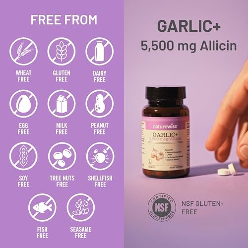 NatureWise Knoblauch Extrakt 5.500 mcg Allicin – Vegan, magensaftresistente Tabletten mit Vitamin B & C, 60 Stück (30-Tage-Vorrat)