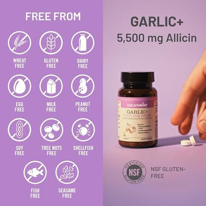 NatureWise Knoblauch Extrakt 5.500 mcg Allicin – Vegan, magensaftresistente Tabletten mit Vitamin B & C, 60 Stück (30-Tage-Vorrat)