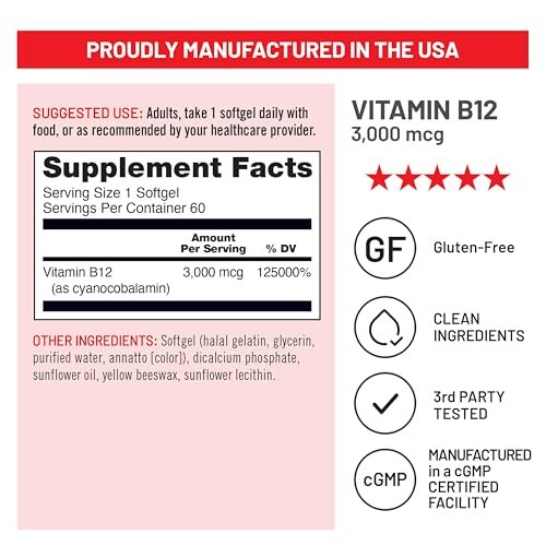 NatureWise Vitamin B12 3000 mcg – Extra Stärke – Nahrungsergänzung zur Unterstützung von Energie, geistiger Klarheit und Nervensystem – Leicht zu schlucken, soja- und glutenfrei, nicht gentechnisch verändert – 60 Softgels
