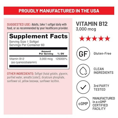 NatureWise Vitamin B12 3000 mcg – Extra Stärke – Nahrungsergänzung zur Unterstützung von Energie, geistiger Klarheit und Nervensystem – Leicht zu schlucken, soja- und glutenfrei, nicht gentechnisch verändert – 60 Softgels