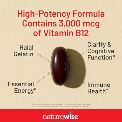 NatureWise Vitamin B12 3000 mcg – Extra Stärke – Nahrungsergänzung zur Unterstützung von Energie, geistiger Klarheit und Nervensystem – Leicht zu schlucken, soja- und glutenfrei, nicht gentechnisch verändert – 60 Softgels