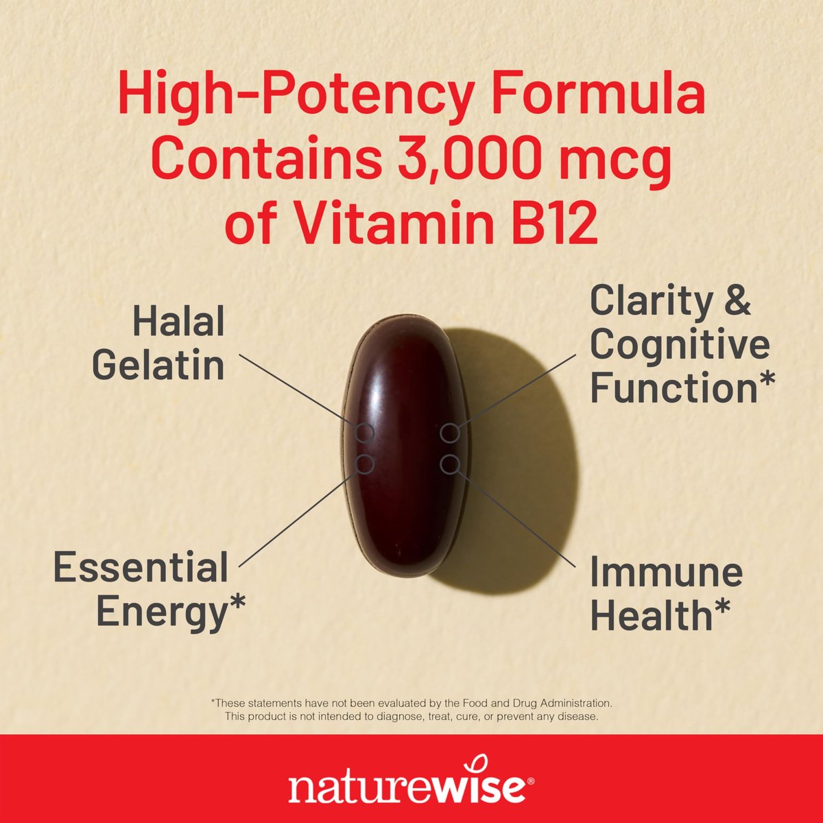 NatureWise Vitamin B12 3000 mcg – Extra Stärke – Nahrungsergänzung zur Unterstützung von Energie, geistiger Klarheit und Nervensystem – Leicht zu schlucken, soja- und glutenfrei, nicht gentechnisch verändert – 60 Softgels
