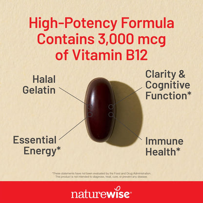 NatureWise Vitamin B12 3000 mcg – Extra Stärke – Nahrungsergänzung zur Unterstützung von Energie, geistiger Klarheit und Nervensystem – Leicht zu schlucken, soja- und glutenfrei, nicht gentechnisch verändert – 60 Softgels