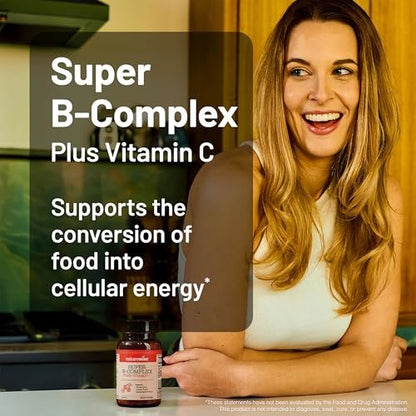 NatureWise Super Vitamin B Komplex für Frauen und Männer – mit Vitamin C, Folsäure, Biotin, B1, B2, B3, B6, B12 – Unterstützt Zellenergie & geistige Klarheit – Vegan, gluten- & laktosefrei, nicht-GVO – 60 Tabletten