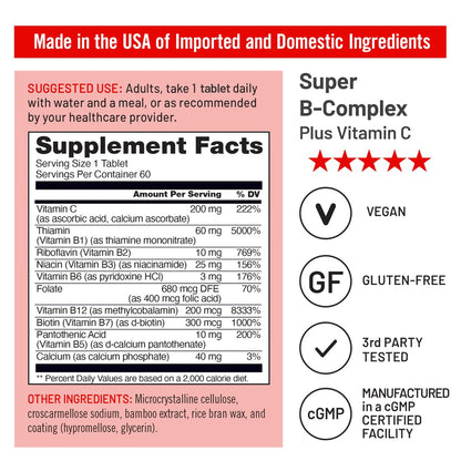NatureWise Super Vitamin B Komplex für Frauen und Männer – mit Vitamin C, Folsäure, Biotin, B1, B2, B3, B6, B12 – Unterstützt Zellenergie & geistige Klarheit – Vegan, gluten- & laktosefrei, nicht-GVO – 60 Tabletten