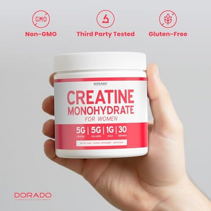 Creatin für Frauen | Kreatin-Monohydrat-Pulver 5 g + 5000 mg Kollagen + 1000 mg BCAA 2:1:1 (30 Portionen) | Unterstützt Gesäßmuskulatur, schlanke Muskeln, Erholung, Energie & Ausdauer | Nicht-GVO, glutenfrei - hergestellt in den USA