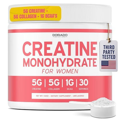 Creatin für Frauen | Kreatin-Monohydrat-Pulver 5 g + 5000 mg Kollagen + 1000 mg BCAA 2:1:1 (30 Portionen) | Unterstützt Gesäßmuskulatur, schlanke Muskeln, Erholung, Energie & Ausdauer | Nicht-GVO, glutenfrei - hergestellt in den USA