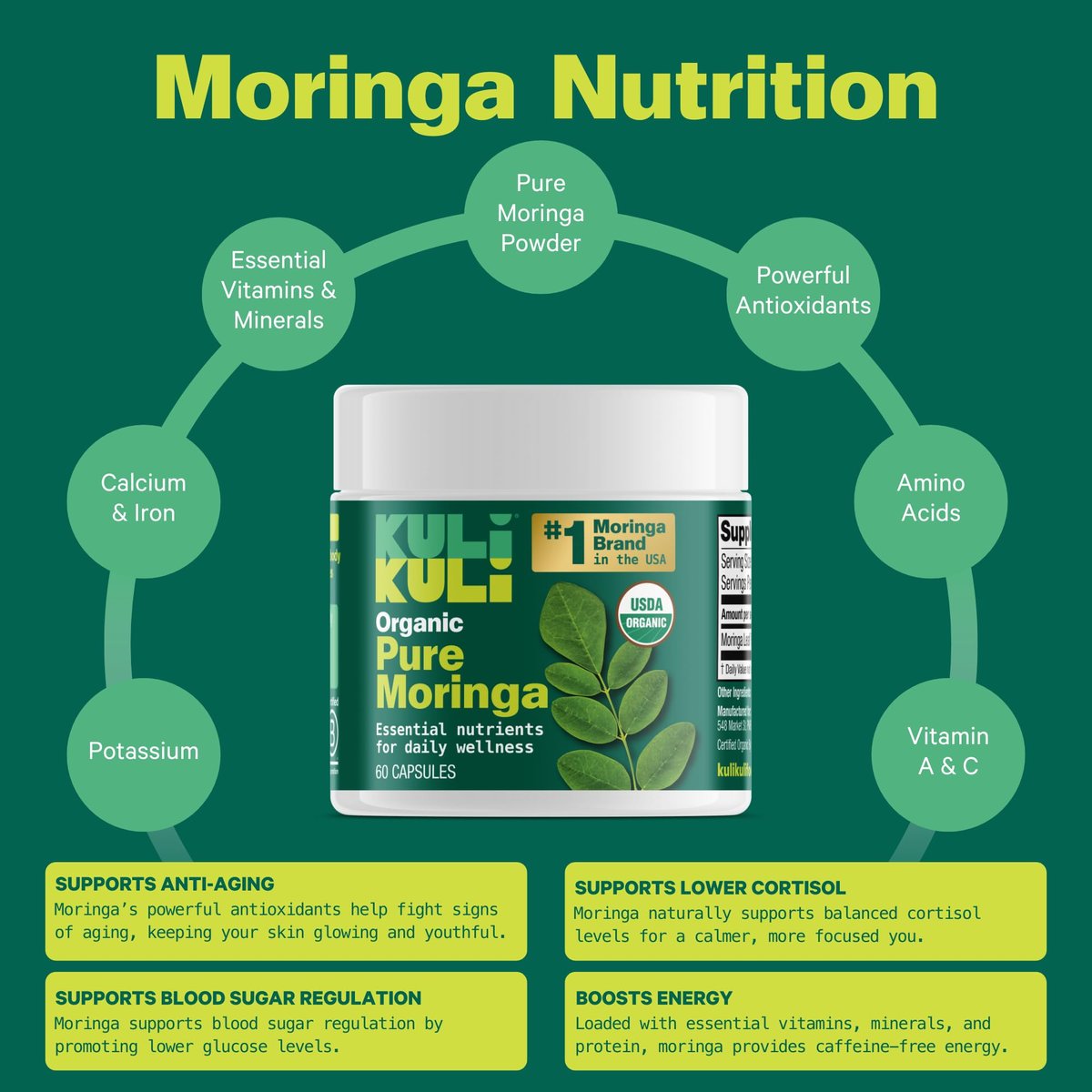 KULI KULI Bio reine Moringa Kapseln, 60 Stück – Natürliches Nahrungsergänzungsmittel