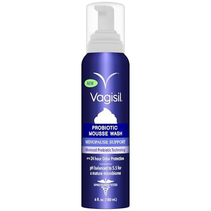Vagisil Menopause Support Probiotic Mousse Wash, pH-ausgeglichen für die reife Mikrobiom, 24 Stunden Frische, leichter botanischer Duft, sanfte Formel für reife Haut, sulfatfrei, 177 ml