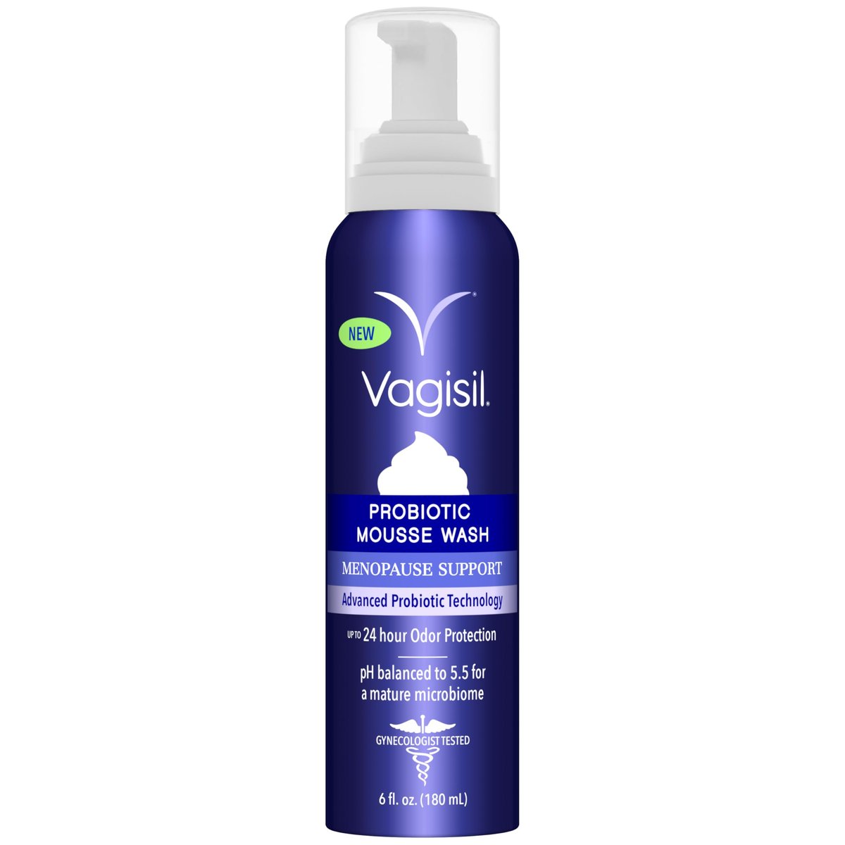 Vagisil Menopause Support Probiotic Mousse Wash, pH-ausgeglichen für die reife Mikrobiom, 24 Stunden Frische, leichter botanischer Duft, sanfte Formel für reife Haut, sulfatfrei, 177 ml