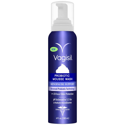 Vagisil Menopause Support Probiotic Mousse Wash, pH-ausgeglichen für die reife Mikrobiom, 24 Stunden Frische, leichter botanischer Duft, sanfte Formel für reife Haut, sulfatfrei, 177 ml