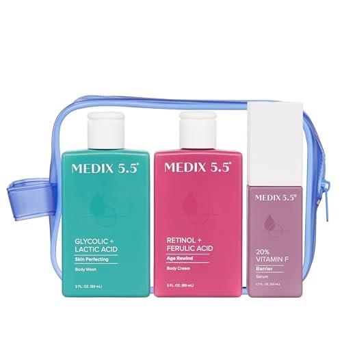 MEDIX 5.5 Bestseller Travel Kit – 3-teiliges Pflegeset mit Retinol Körperlotion, Glykolsäure Duschpeeling & Vitamin F Körperöl für straffe Haut