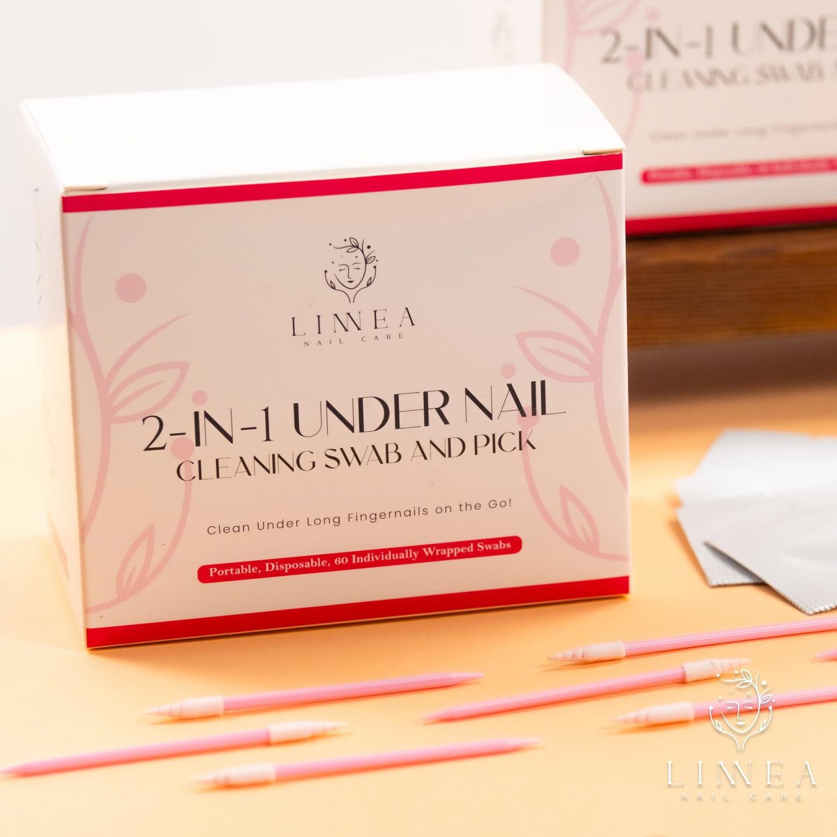 LINNEA Nagelreiniger unter dem Nagel – 2-in-1 Einweg-Nagelreiniger, 60 einzeln verpackte Reinigungsstäbchen, getränkt in 70% Isopropylalkohol, für Hygiene & Nagelpflege