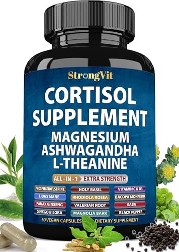 StrongVit Cortisol Supplements für Frauen und Männer mit Magnesium, Ashwagandha & L-Theanin – Hochwirksamer Cortisol-Reduzierer, Stressabbau & Schlafunterstützung, 60 Kapseln