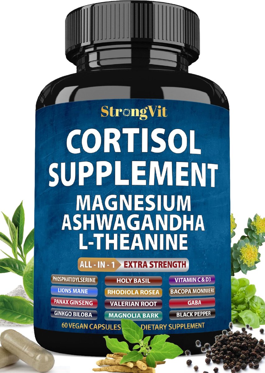 StrongVit Cortisol Supplements für Frauen und Männer mit Magnesium, Ashwagandha & L-Theanin – Hochwirksamer Cortisol-Reduzierer, Stressabbau & Schlafunterstützung, 60 Kapseln