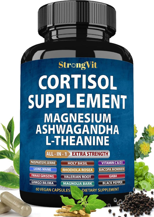 StrongVit Cortisol Supplements für Frauen und Männer mit Magnesium, Ashwagandha & L-Theanin – Hochwirksamer Cortisol-Reduzierer, Stressabbau & Schlafunterstützung, 60 Kapseln