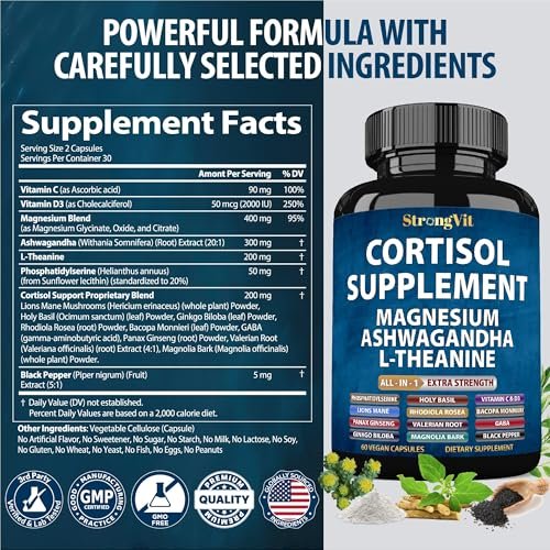 StrongVit Cortisol Supplements für Frauen und Männer mit Magnesium, Ashwagandha & L-Theanin – Hochwirksamer Cortisol-Reduzierer, Stressabbau & Schlafunterstützung, 60 Kapseln