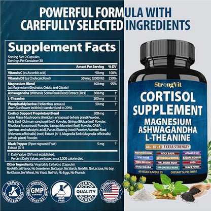 StrongVit Cortisol Supplements für Frauen und Männer mit Magnesium, Ashwagandha & L-Theanin – Hochwirksamer Cortisol-Reduzierer, Stressabbau & Schlafunterstützung, 60 Kapseln