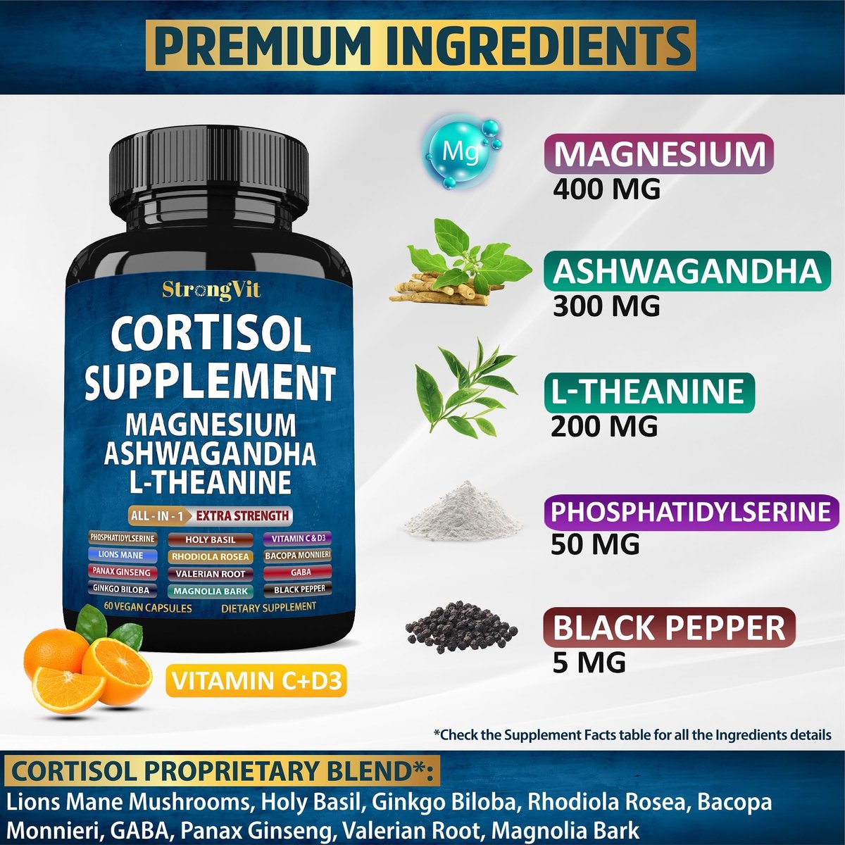 StrongVit Cortisol Supplements für Frauen und Männer mit Magnesium, Ashwagandha & L-Theanin – Hochwirksamer Cortisol-Reduzierer, Stressabbau & Schlafunterstützung, 60 Kapseln