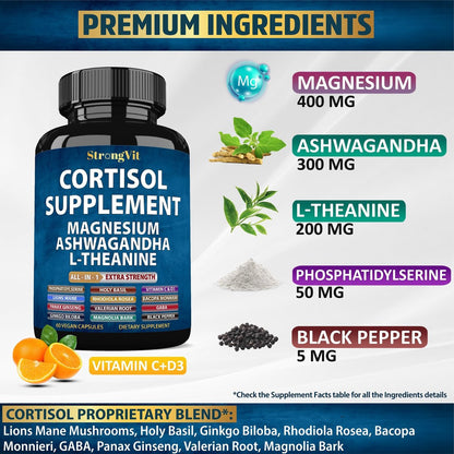 StrongVit Cortisol Supplements für Frauen und Männer mit Magnesium, Ashwagandha & L-Theanin – Hochwirksamer Cortisol-Reduzierer, Stressabbau & Schlafunterstützung, 60 Kapseln