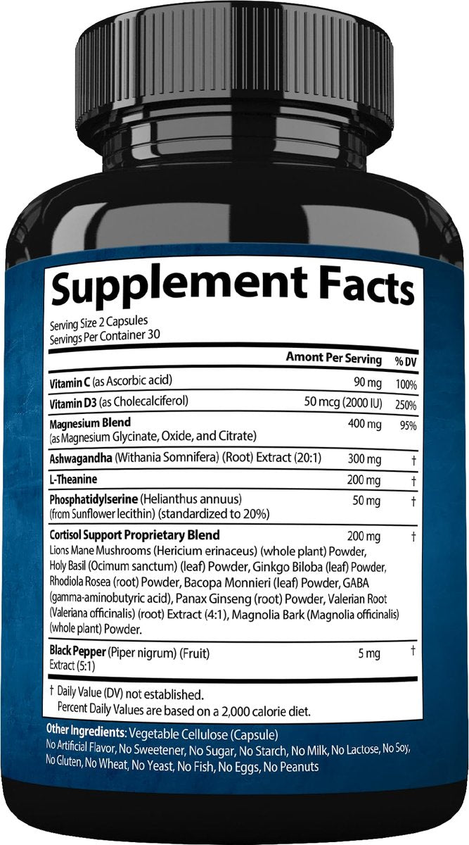 StrongVit Cortisol Supplements für Frauen und Männer mit Magnesium, Ashwagandha & L-Theanin – Hochwirksamer Cortisol-Reduzierer, Stressabbau & Schlafunterstützung, 60 Kapseln