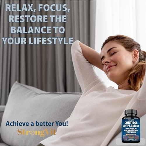 StrongVit Cortisol Supplements für Frauen und Männer mit Magnesium, Ashwagandha & L-Theanin – Hochwirksamer Cortisol-Reduzierer, Stressabbau & Schlafunterstützung, 60 Kapseln