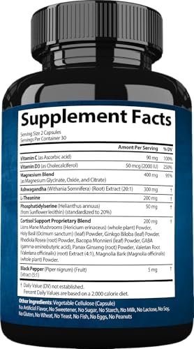StrongVit Cortisol Supplements für Frauen und Männer mit Magnesium, Ashwagandha & L-Theanin – Hochwirksamer Cortisol-Reduzierer, Stressabbau & Schlafunterstützung, 60 Kapseln