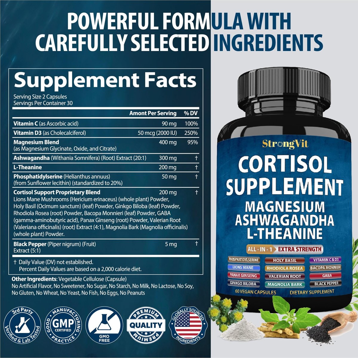 StrongVit Cortisol Supplements für Frauen und Männer mit Magnesium, Ashwagandha & L-Theanin – Hochwirksamer Cortisol-Reduzierer, Stressabbau & Schlafunterstützung, 60 Kapseln