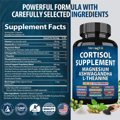 StrongVit Cortisol Supplements für Frauen und Männer mit Magnesium, Ashwagandha & L-Theanin – Hochwirksamer Cortisol-Reduzierer, Stressabbau & Schlafunterstützung, 60 Kapseln