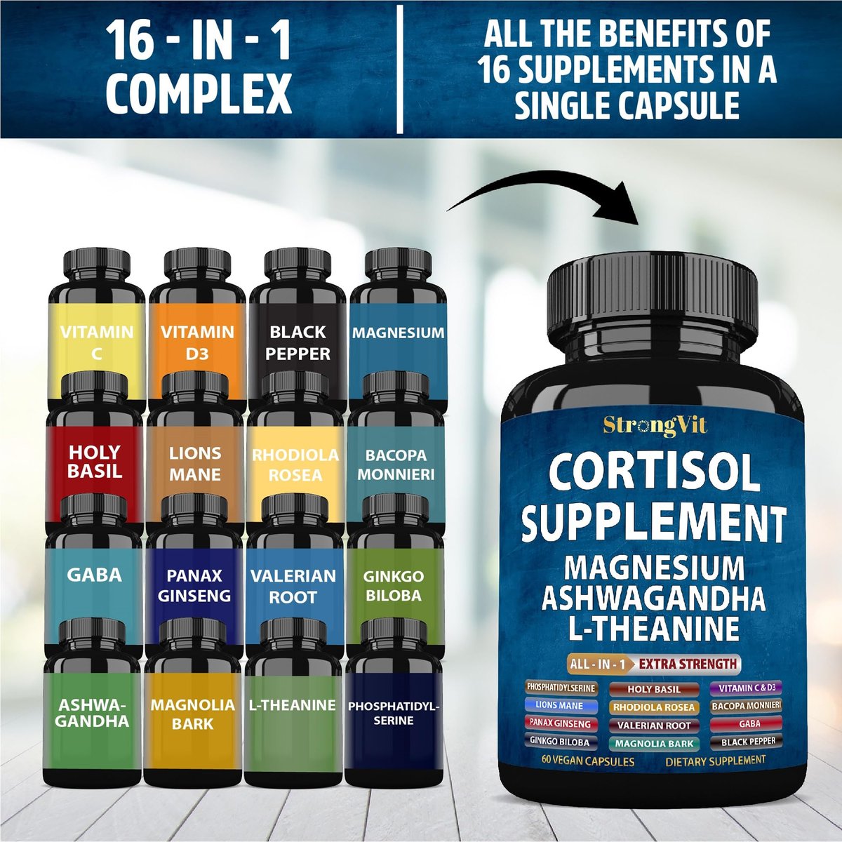 StrongVit Cortisol Supplements für Frauen und Männer mit Magnesium, Ashwagandha & L-Theanin – Hochwirksamer Cortisol-Reduzierer, Stressabbau & Schlafunterstützung, 60 Kapseln