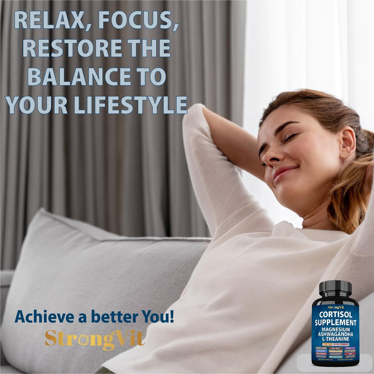 StrongVit Cortisol Supplements für Frauen und Männer mit Magnesium, Ashwagandha & L-Theanin – Hochwirksamer Cortisol-Reduzierer, Stressabbau & Schlafunterstützung, 60 Kapseln