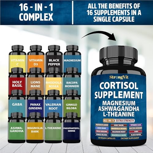 StrongVit Cortisol Supplements für Frauen und Männer mit Magnesium, Ashwagandha & L-Theanin – Hochwirksamer Cortisol-Reduzierer, Stressabbau & Schlafunterstützung, 60 Kapseln