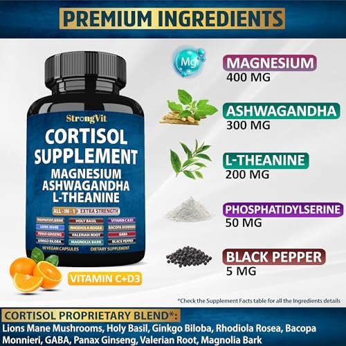 StrongVit Cortisol Supplements für Frauen und Männer mit Magnesium, Ashwagandha & L-Theanin – Hochwirksamer Cortisol-Reduzierer, Stressabbau & Schlafunterstützung, 60 Kapseln