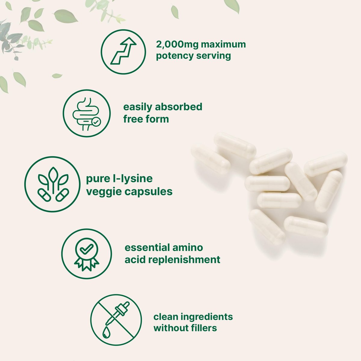 Reines L-Lysin 2.000 mg, 300 vegane Kapseln | Maximale Potenz, leicht absorbierbar, freie Form | Essentielle Aminosäure für Kollagen-, Lippen- und Immununterstützung | Saubere Inhaltsstoffe ohne Füllstoffe