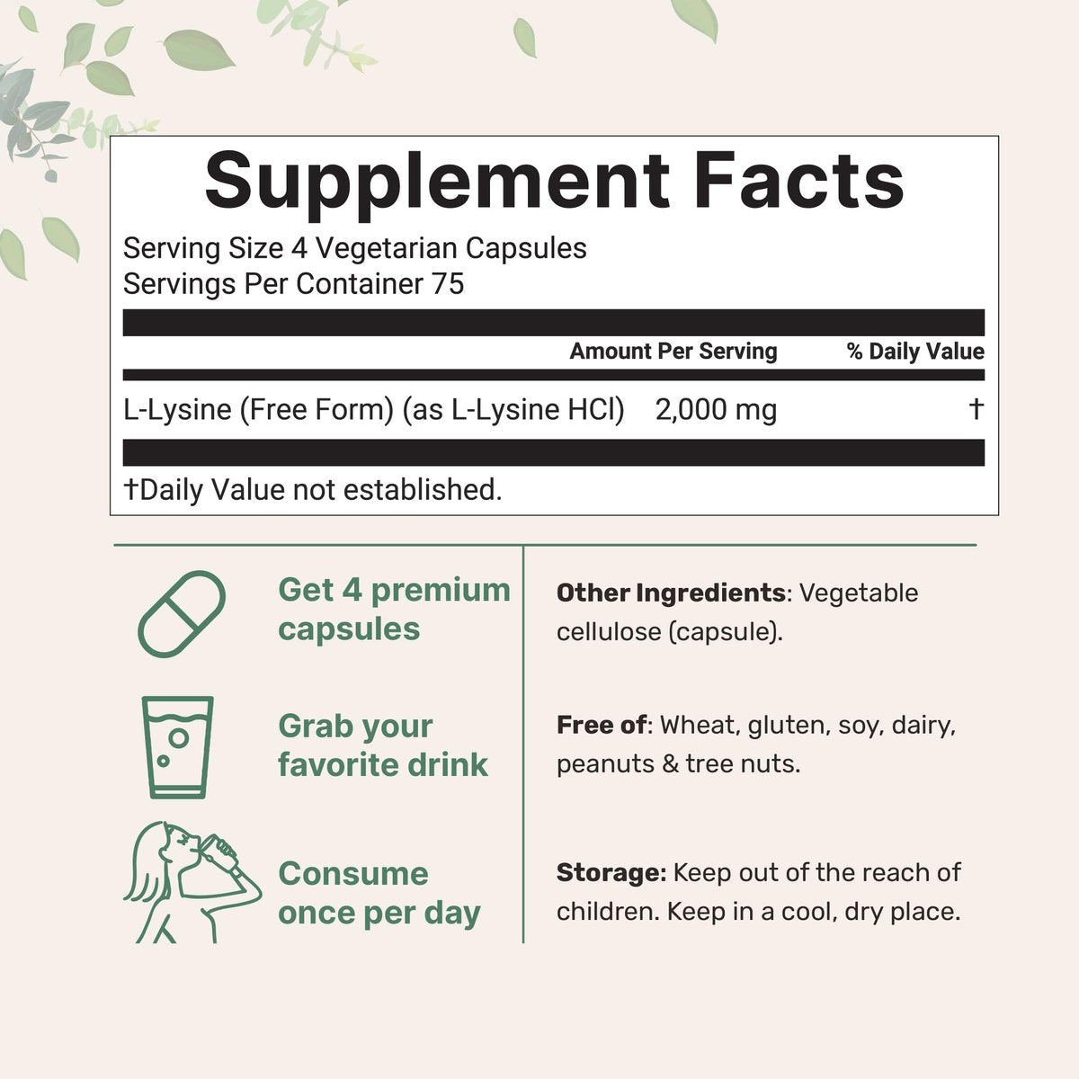 Reines L-Lysin 2.000 mg, 300 vegane Kapseln | Maximale Potenz, leicht absorbierbar, freie Form | Essentielle Aminosäure für Kollagen-, Lippen- und Immununterstützung | Saubere Inhaltsstoffe ohne Füllstoffe